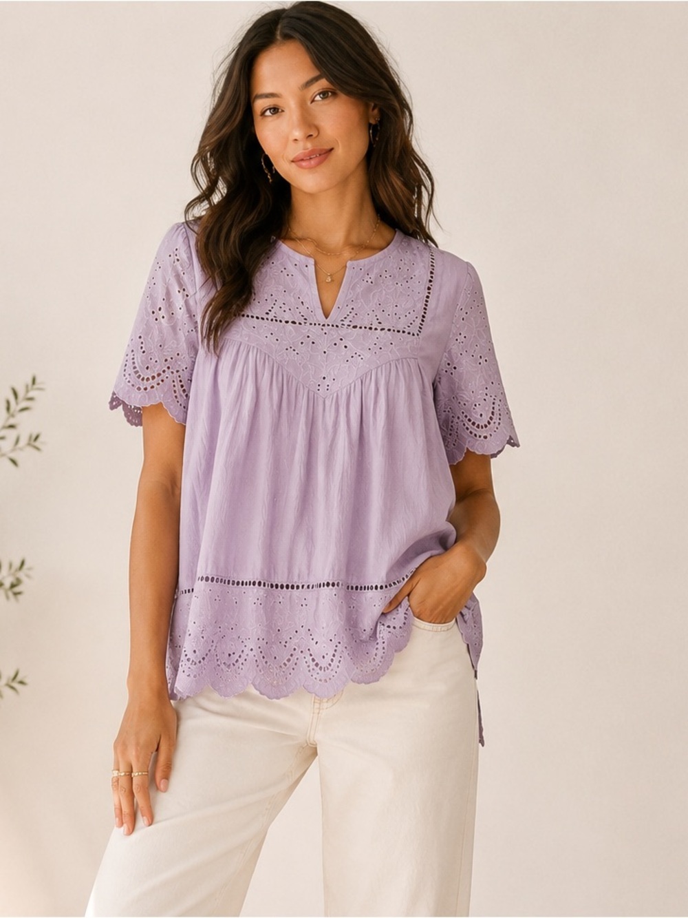 Knox Rose Lavender Eyelet Embroidered Boho Blouse | Small